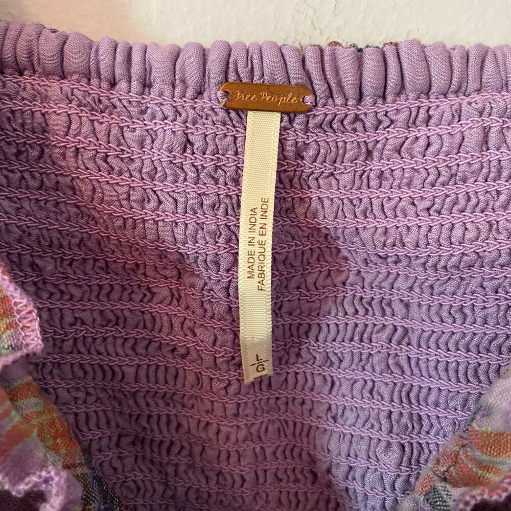 Free People Purple Plaid Puff Sleeve Babydoll Blouse Cropped Women's size Large - Picture 3 of 10